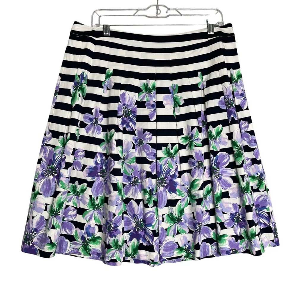 Talbots Stripe Floral Pleated Skirt Women's 12P Multi Color Spring Preppy
